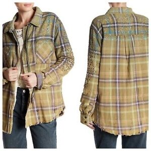 Free People Deconstructed Shirt Jacket Plaid Studs